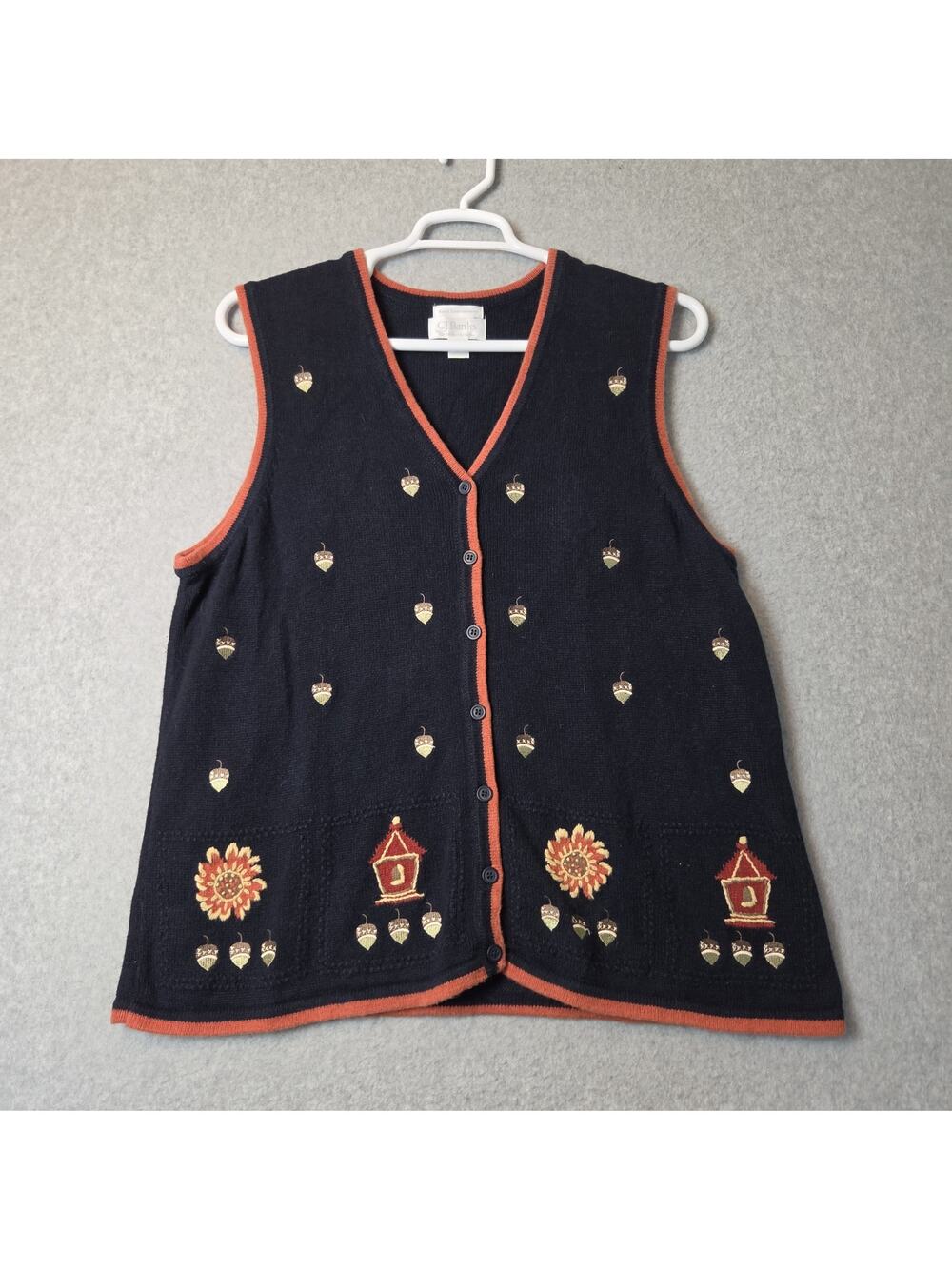 Vintage CJ Banks Black Hand Embroidered Fall Acorns Sweater Vest Women's Plus 1X